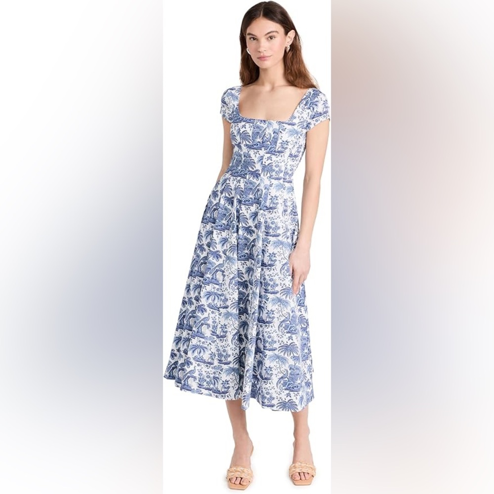 STAUD Midi Short Sleeve Blue Toile Dress Size 10 EUC